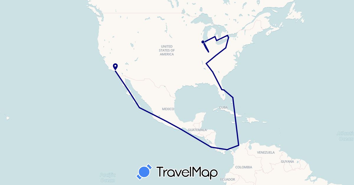 TravelMap itinerary: driving in Bahamas, Canada, Colombia, Costa Rica, Mexico, Panama, United States (North America, South America)